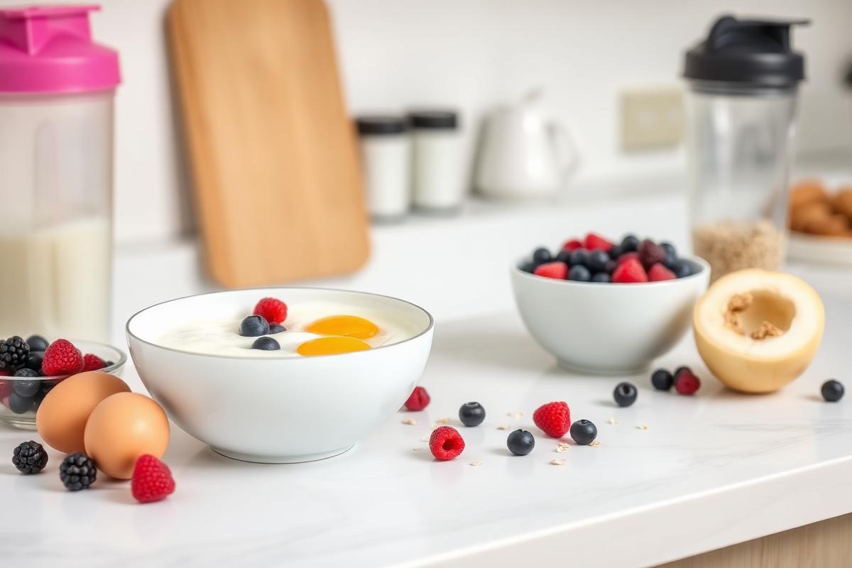 Proteinreiche Lebensmittel auf einer hellen Küchenarbeitsplatte