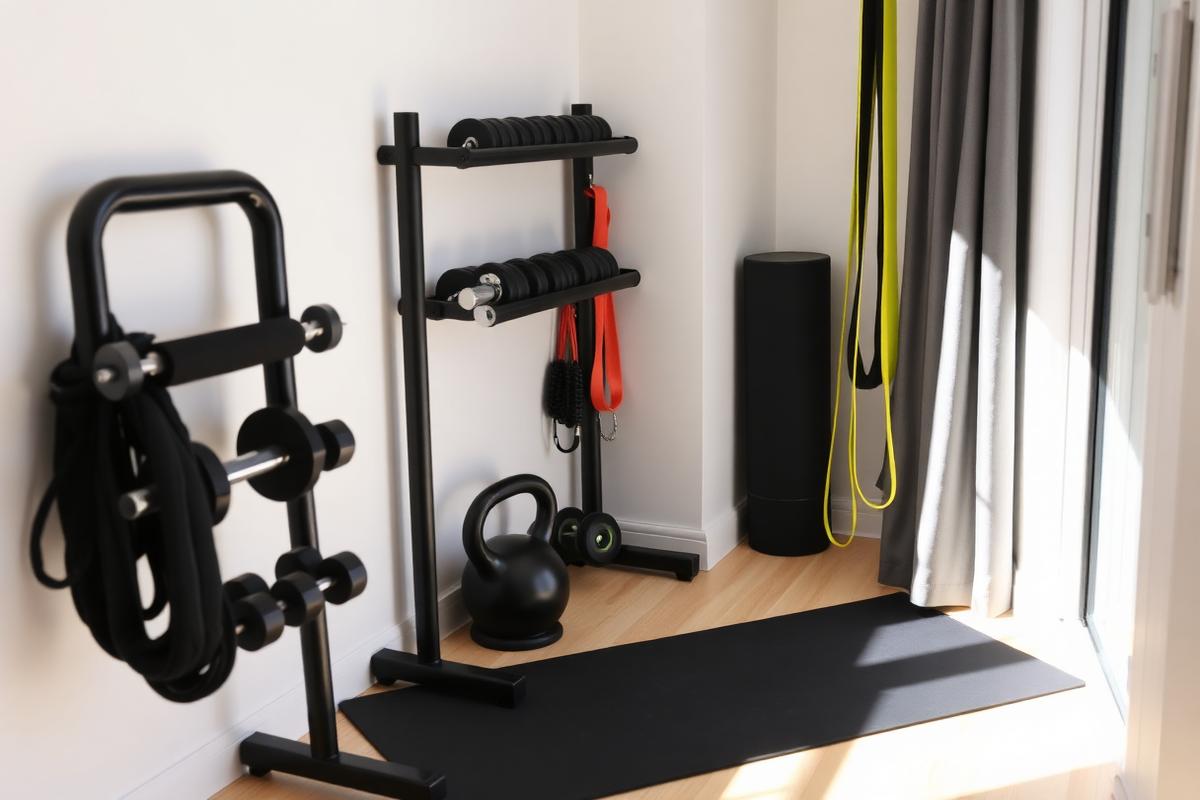 Kleines Home-Gym mit Hanteln, Matte und Bändern
